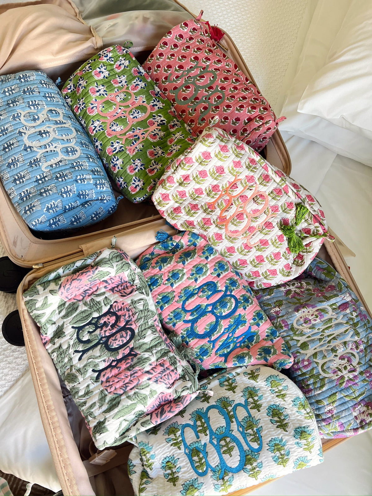 Quilted Block-Print Makeup Bag