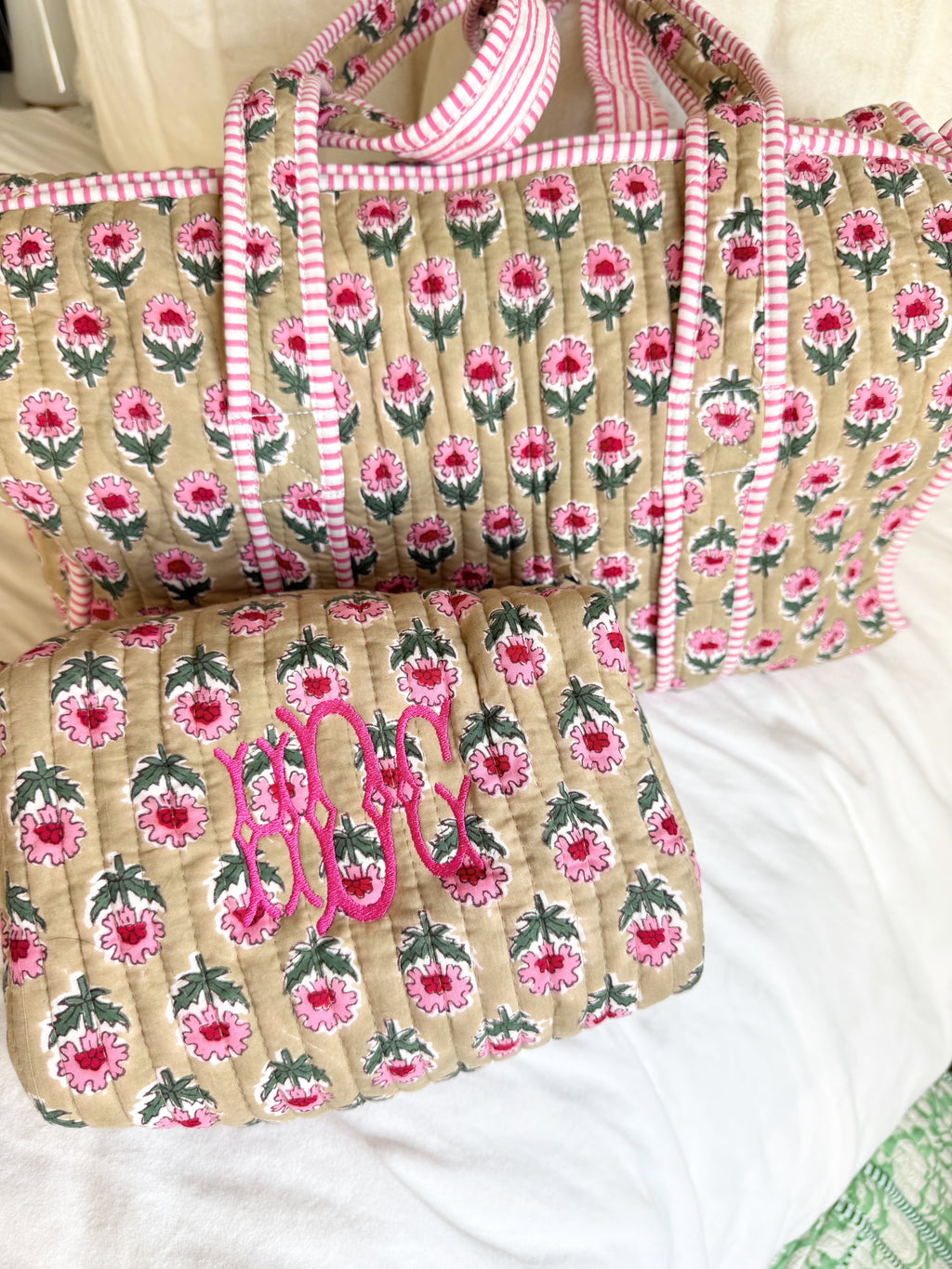 Quilted Block-Print Makeup Bag