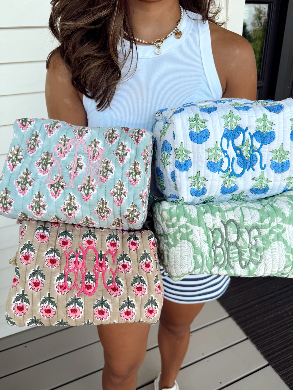 Quilted Block-Print Makeup Bag