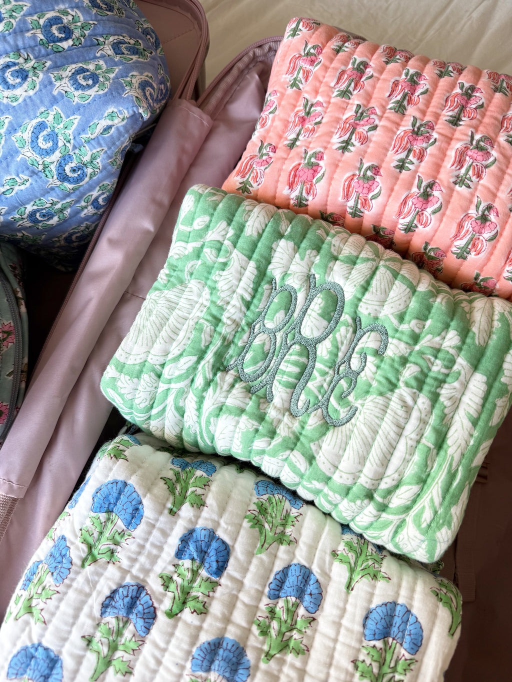 Quilted Block-Print Makeup Bag