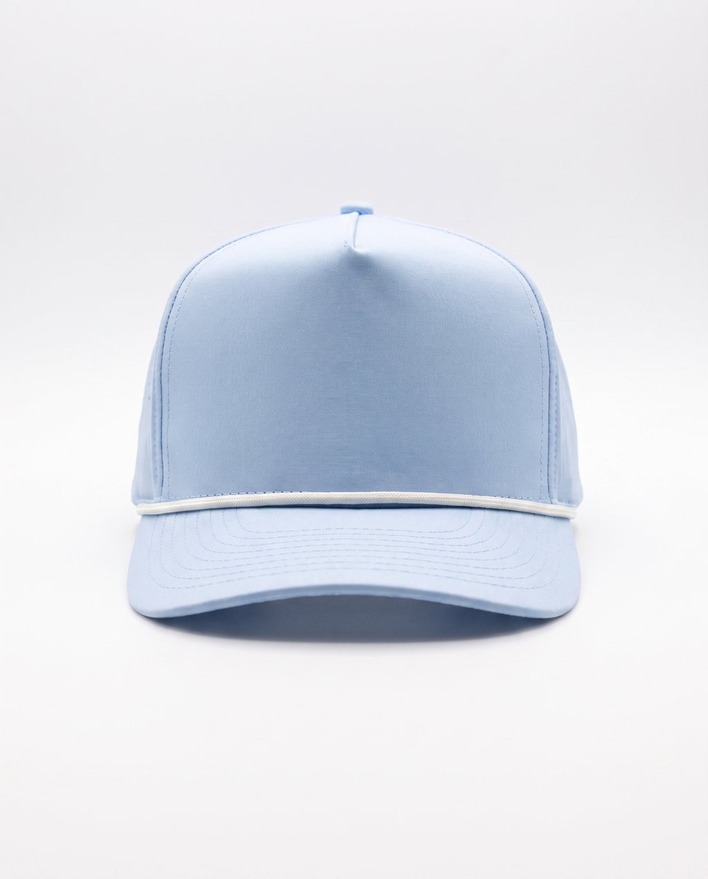Baby Blue with White Rope athletic 5 panel rope cap, front view