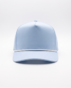 Baby Blue with White Rope athletic 5 panel rope cap, front view