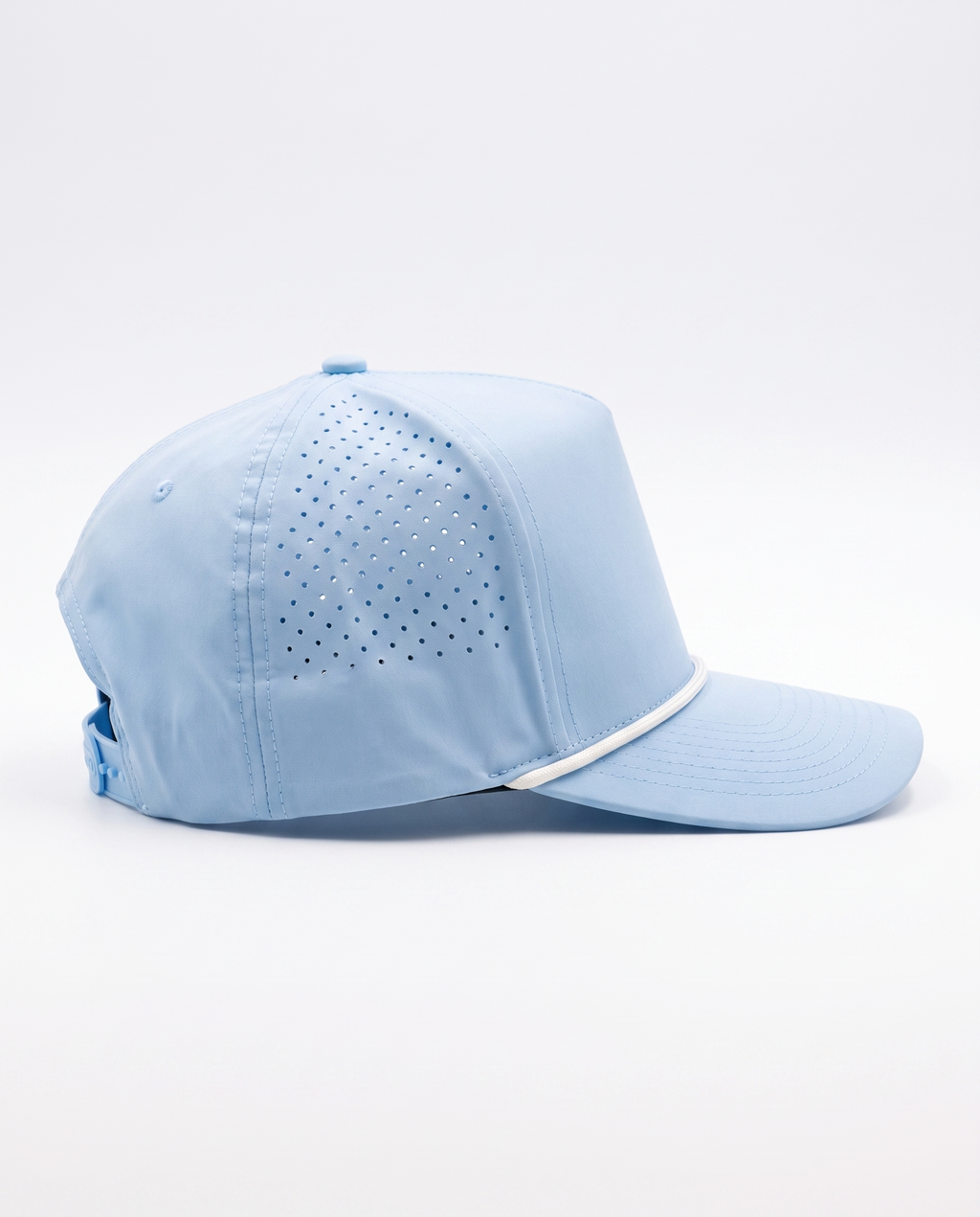 Baby Blue with White Rope athletic 5 panel rope cap, left view