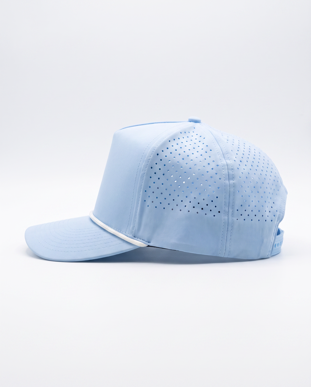 Baby Blue with White Rope athletic 5 panel rope cap, right view