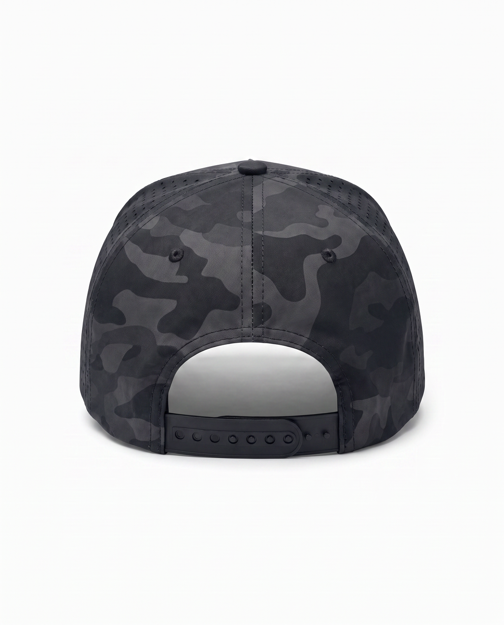 Black Camo athletic 5 panel rope cap, back view