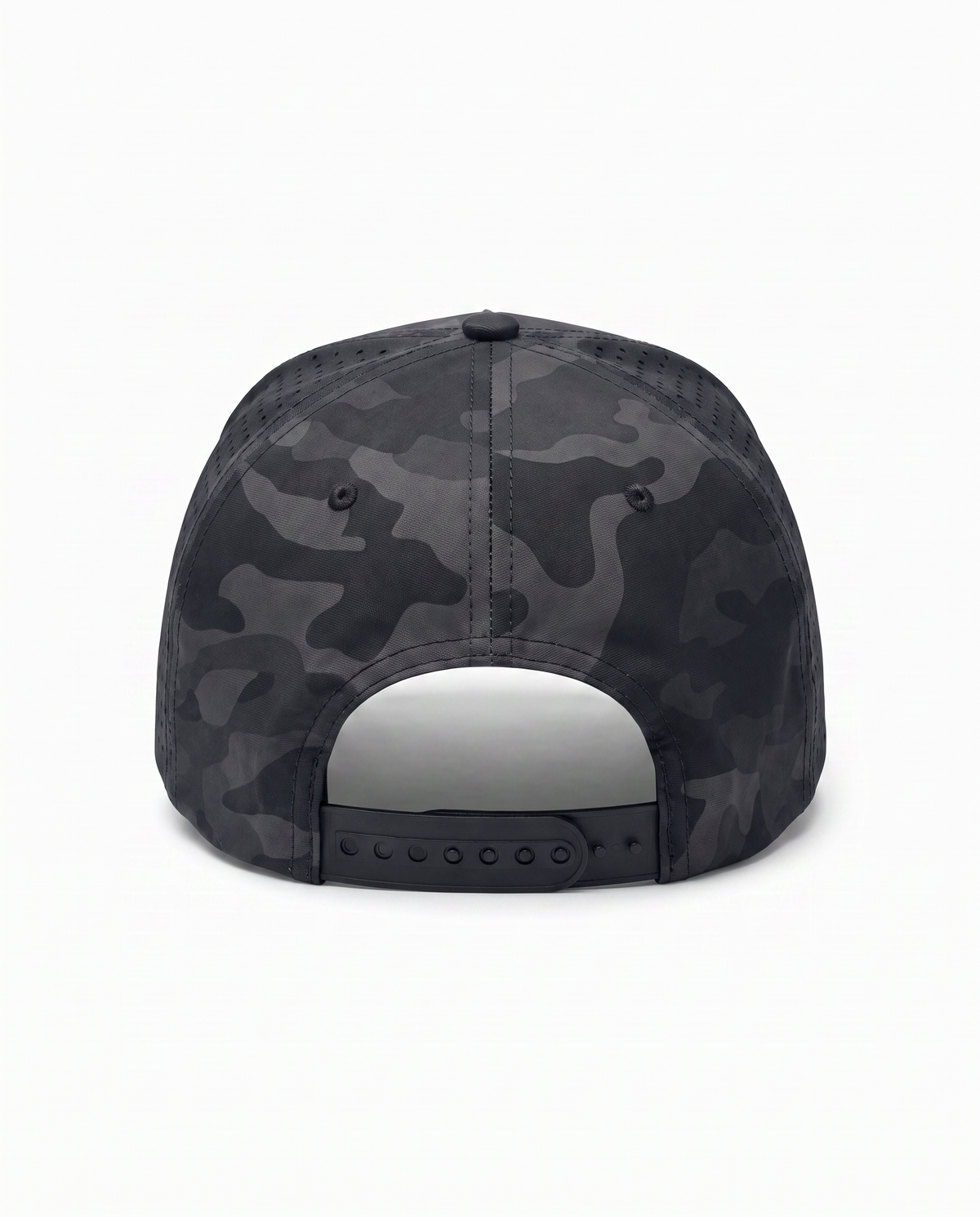 Black Camo athletic 5 panel rope cap, back view