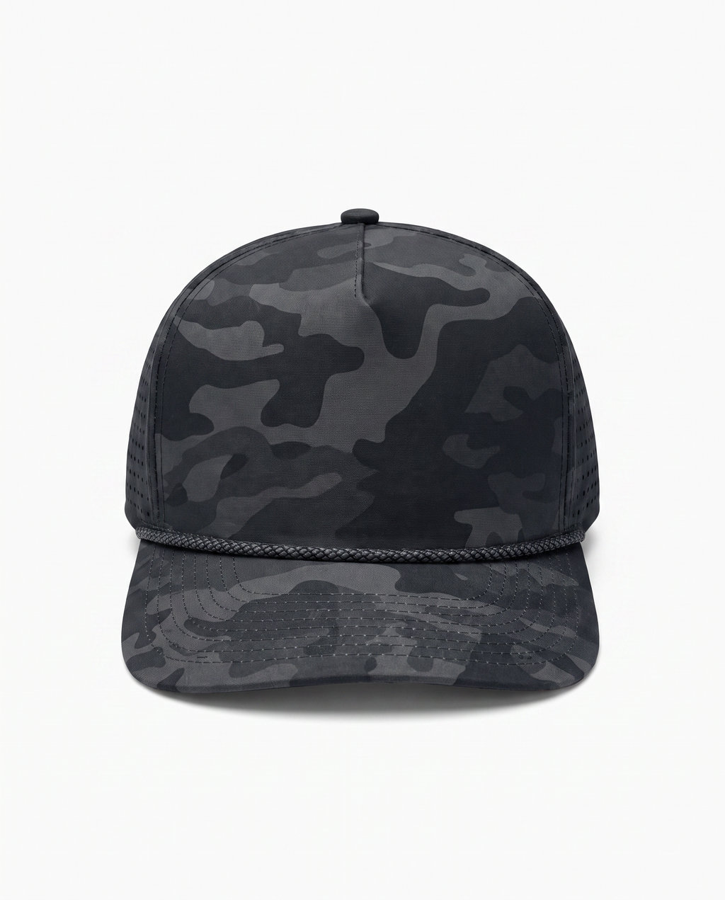 Black Camo athletic 5 panel rope cap, front view