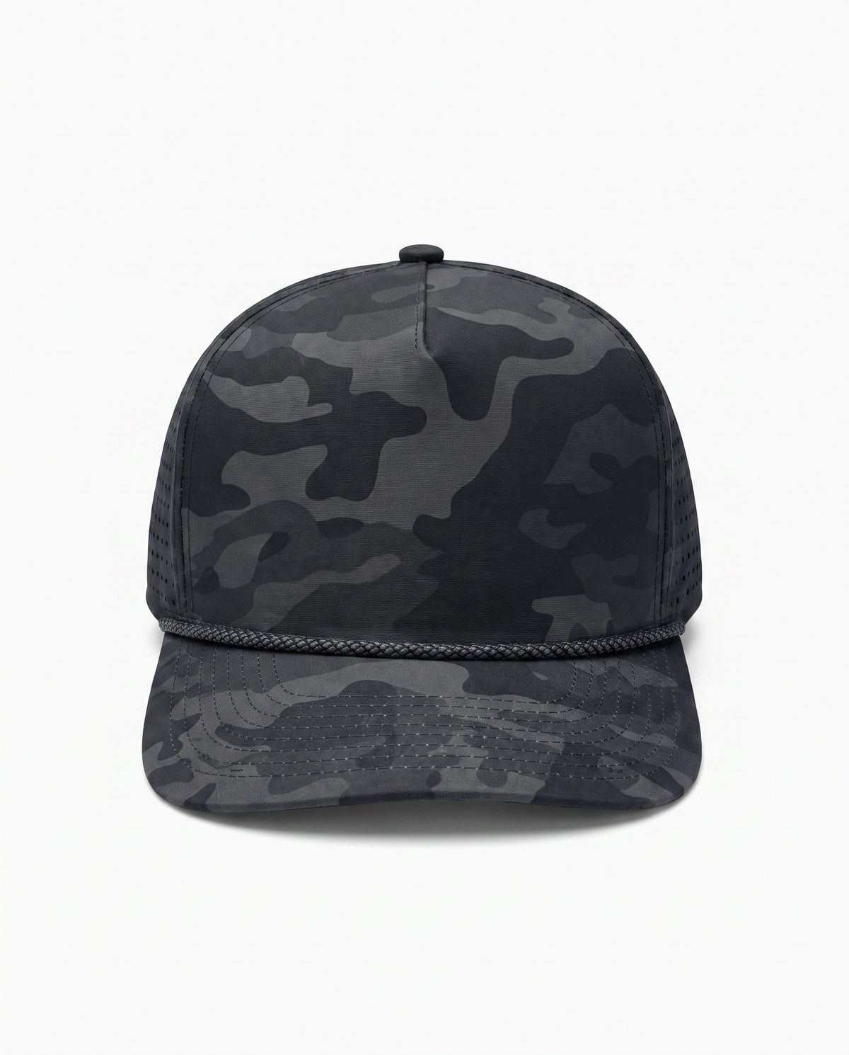 Black Camo athletic 5 panel rope cap, front view