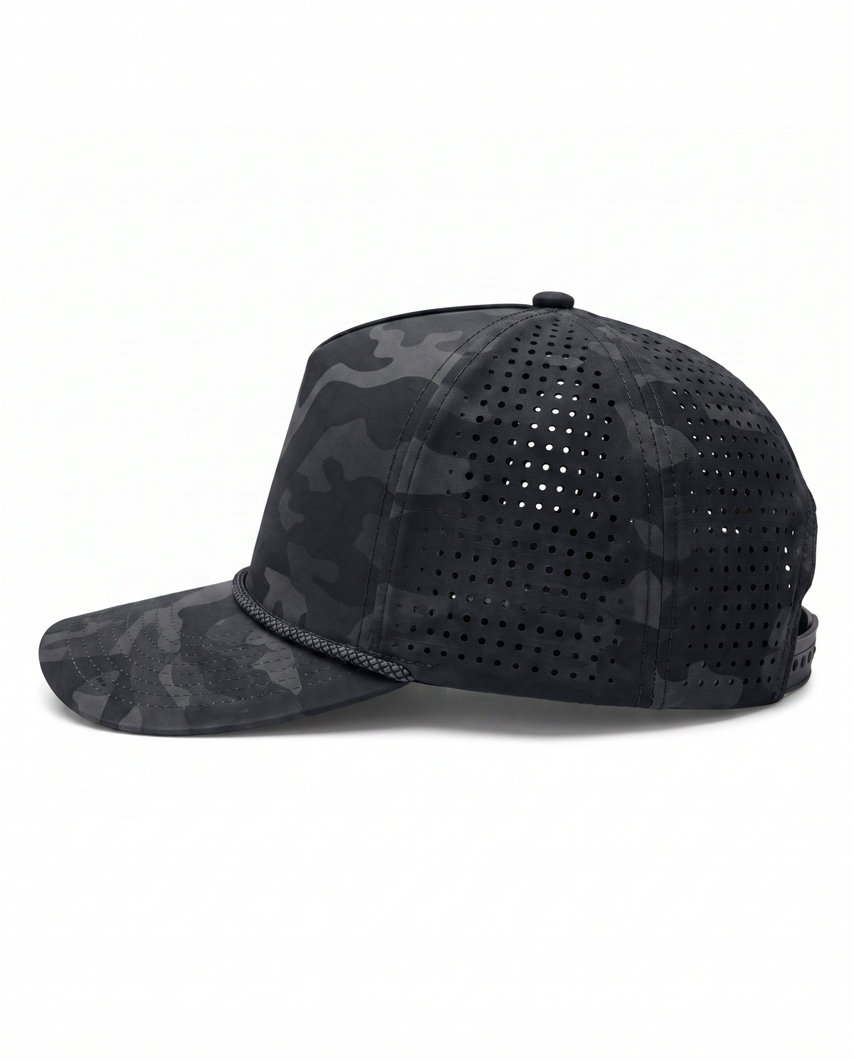 Black Camo athletic 5 panel rope cap, left view