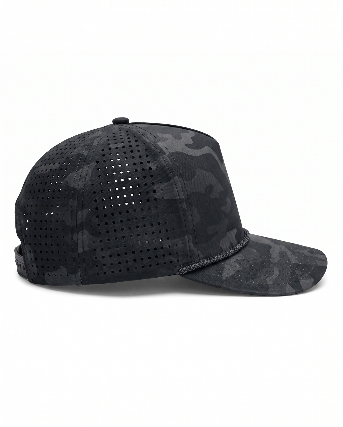 Black Camo athletic 5 panel rope cap, right view