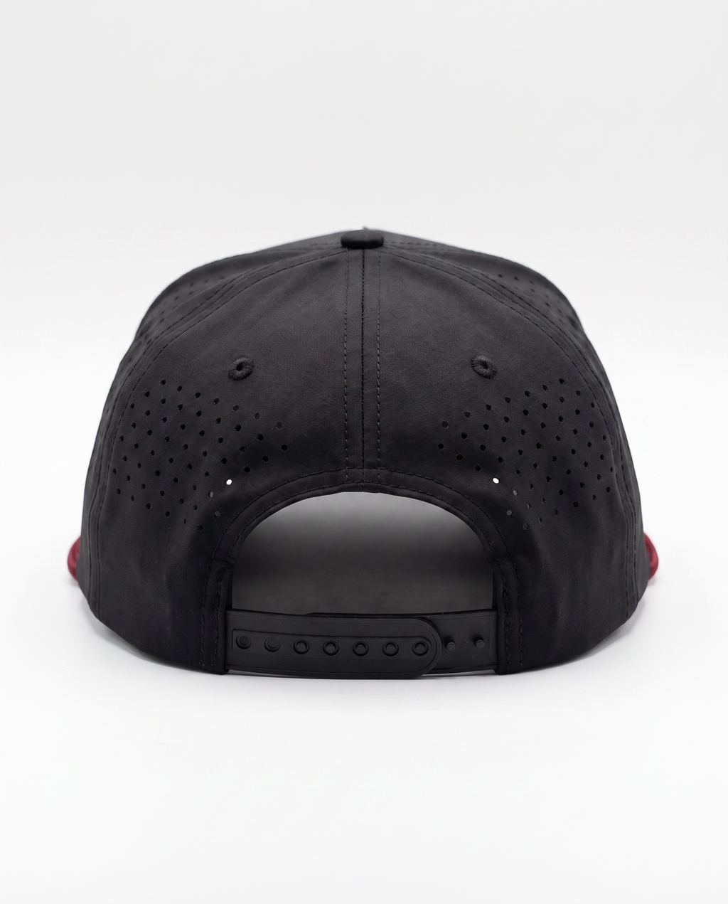 Black with Red Rope athletic 5 panel rope cap, back view