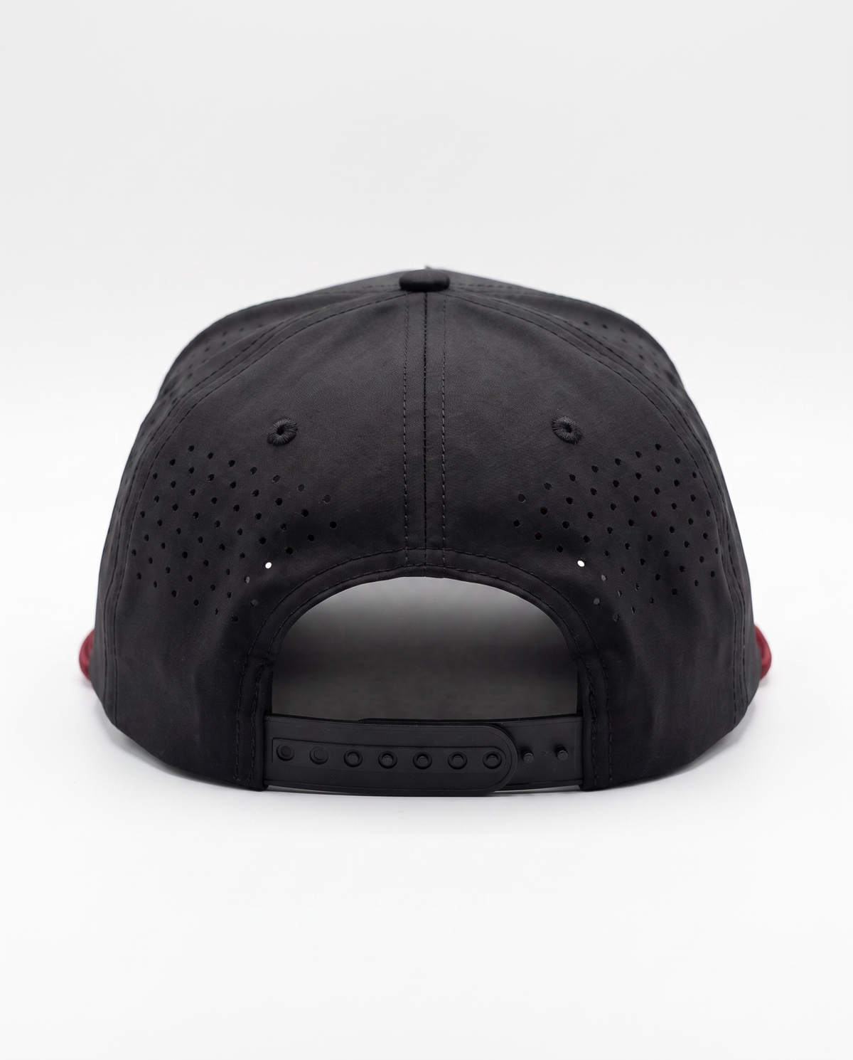 Black with Red Rope athletic 5 panel rope cap, back view