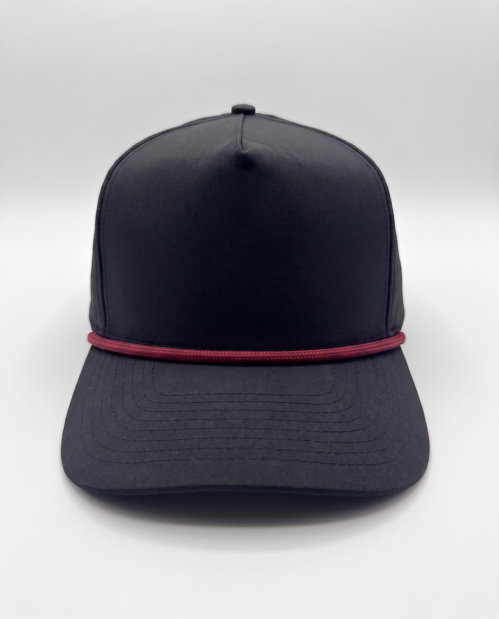 Black with Red Rope athletic 5 panel rope cap, front view