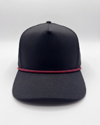 Black with Red Rope athletic 5 panel rope cap, front view