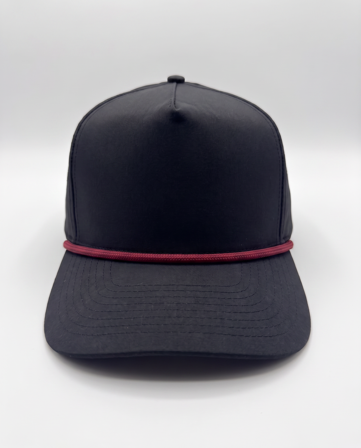 Black with Red Rope athletic 5 panel rope cap, front view