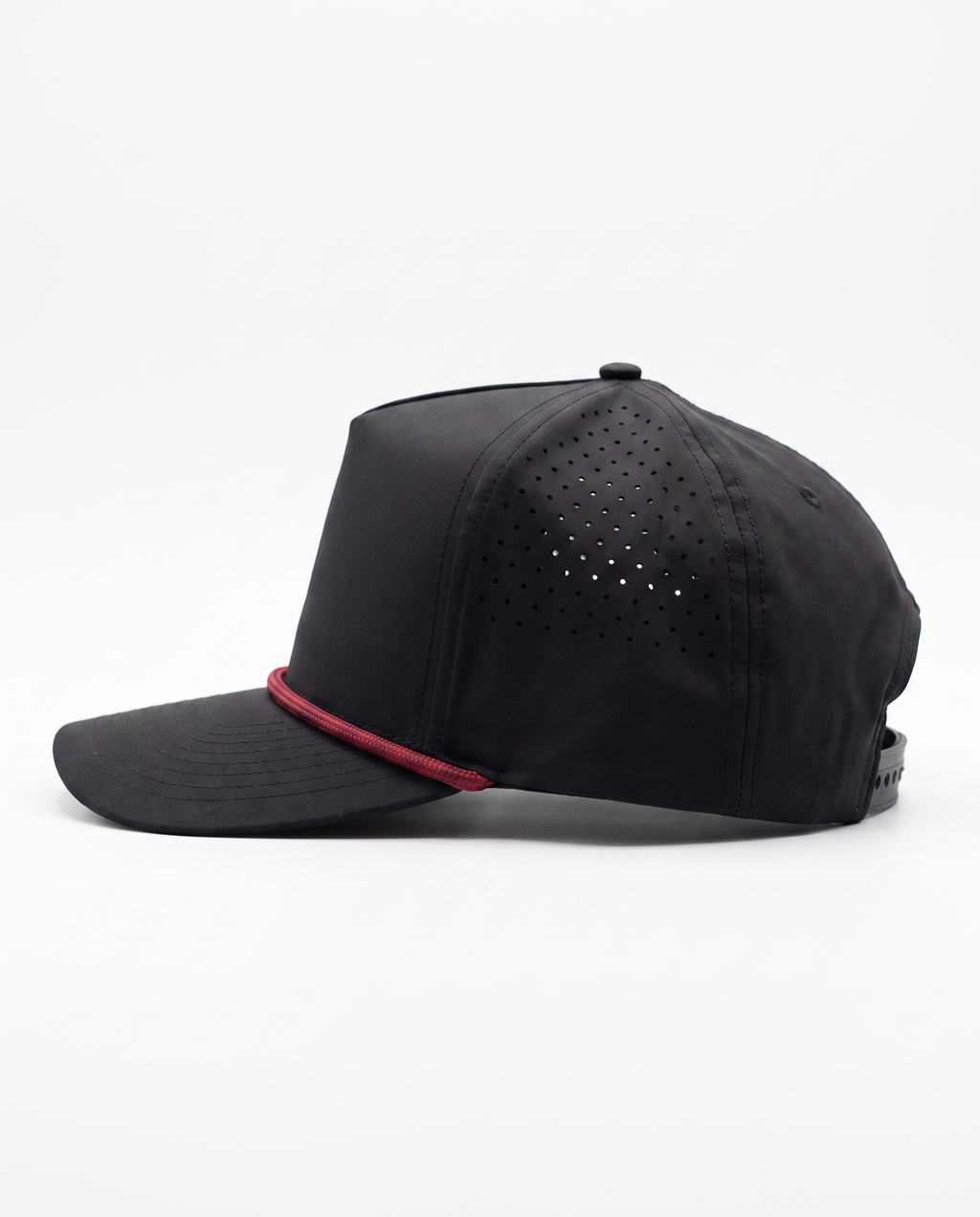 Black with Red Rope athletic 5 panel rope cap, left view