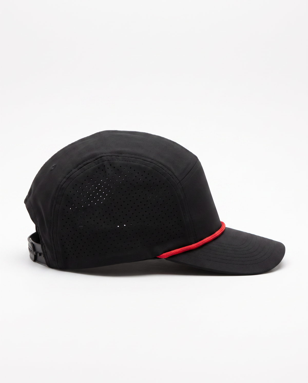 Black with Red Rope athletic 5 panel rope cap, right view