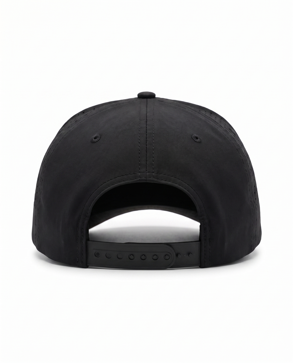 Black with White Rope athletic 5 panel rope cap, back view