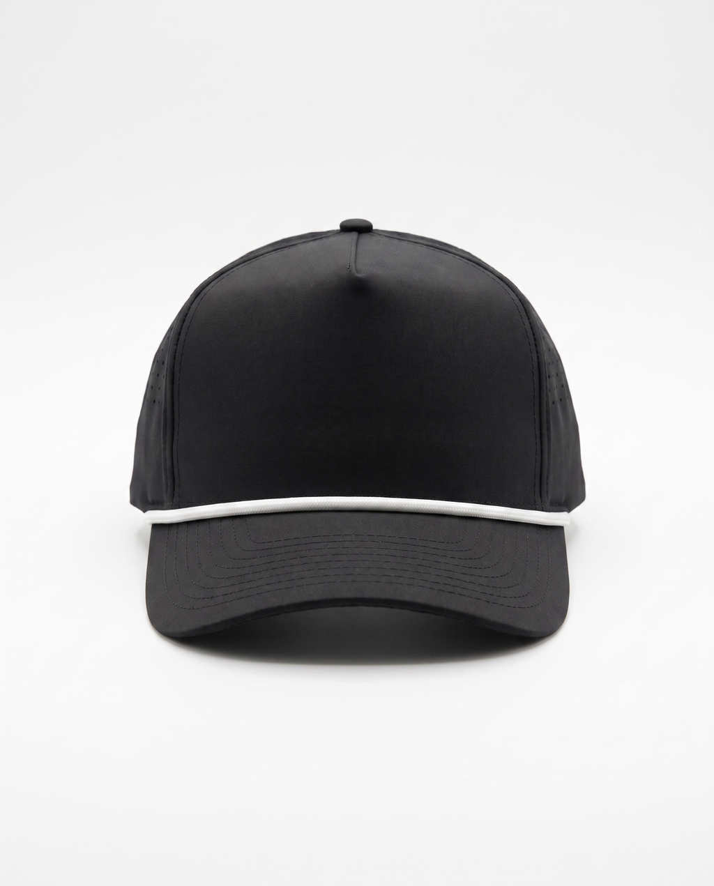 Black with White Rope athletic 5 panel rope cap, front view