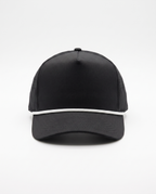 Black with White Rope athletic 5 panel rope cap, front view