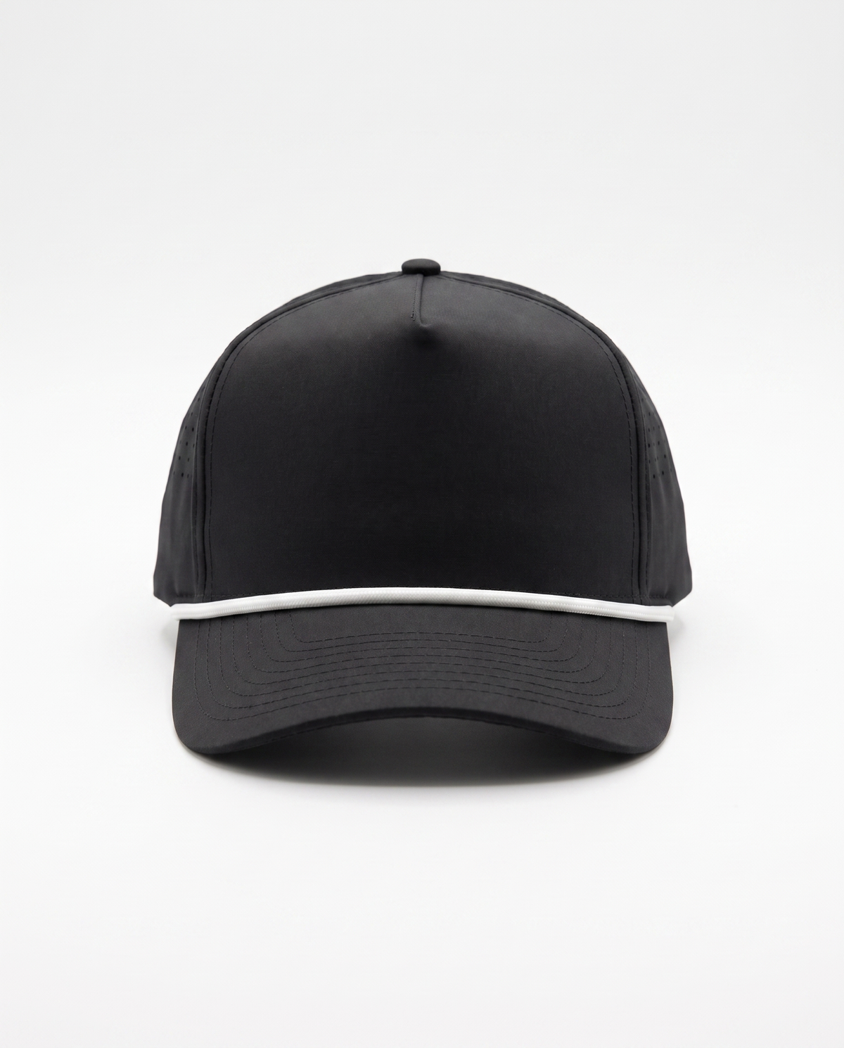 Black with White Rope athletic 5 panel rope cap, front view