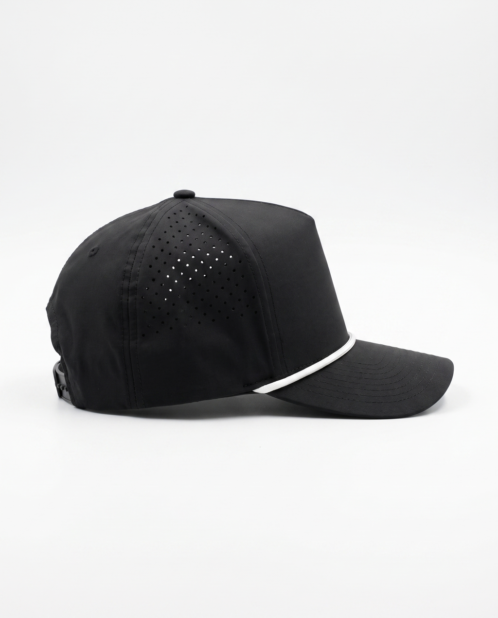 Black with White Rope athletic 5 panel rope cap, left view