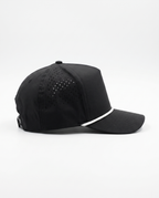 Black with White Rope athletic 5 panel rope cap, left view