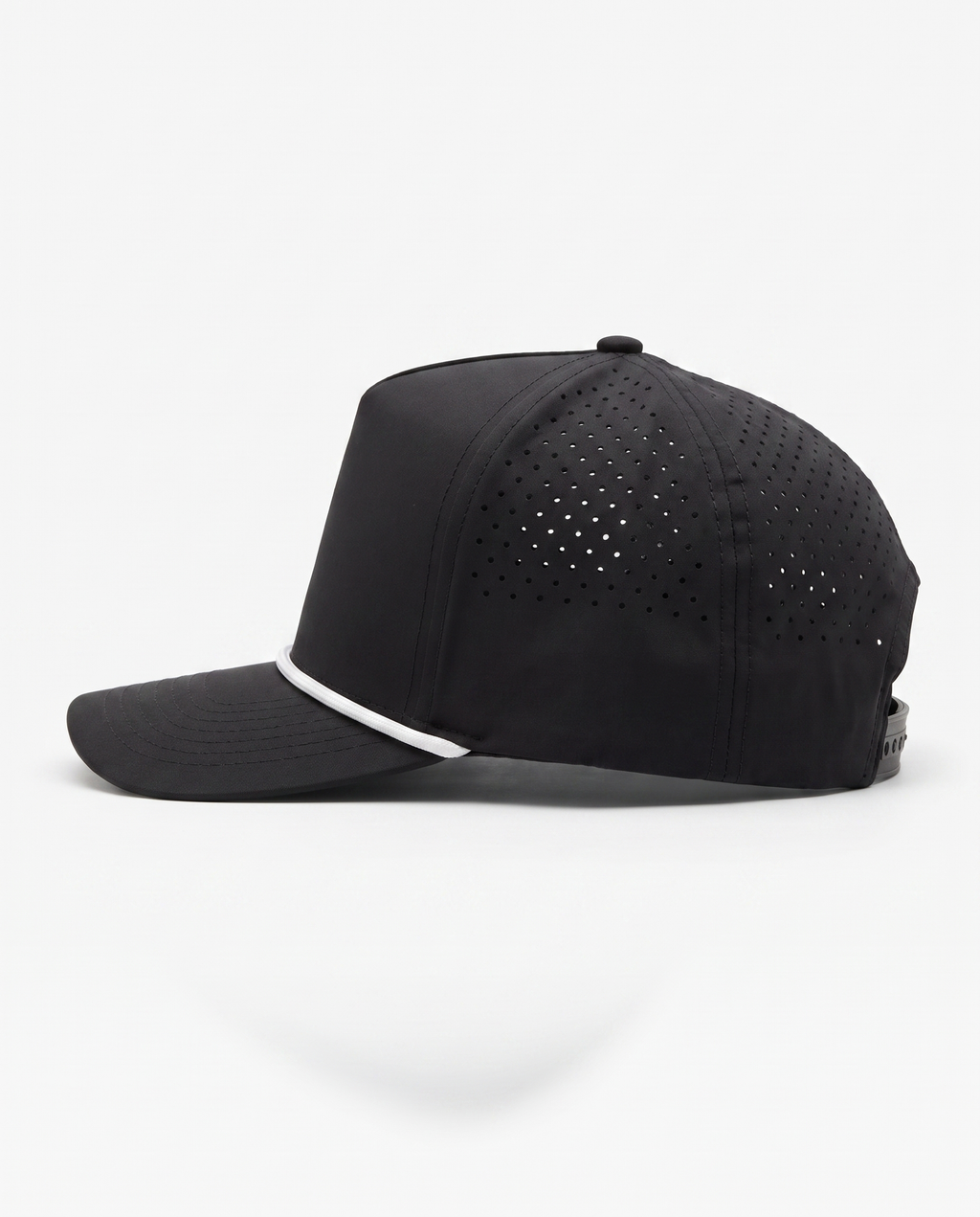 Black with White Rope athletic 5 panel rope cap, right view