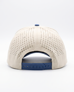 Cream with Blue Bill and Silver Rope athletic 5 panel rope cap, back view