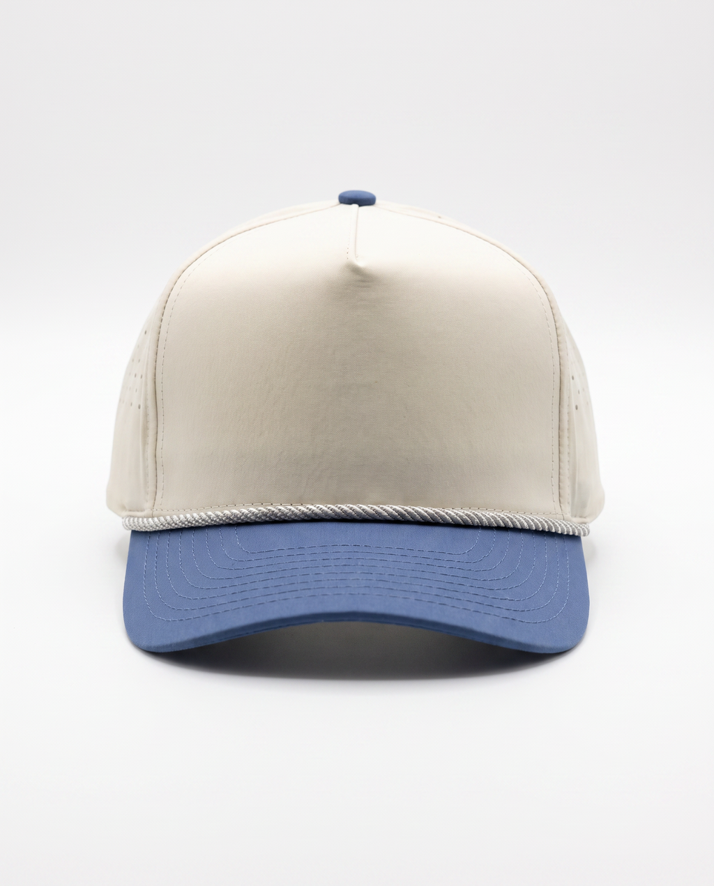 Cream with Blue Bill and Silver Rope athletic 5 panel rope cap, front view