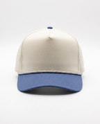 Cream with Blue Bill and Silver Rope athletic 5 panel rope cap, front view