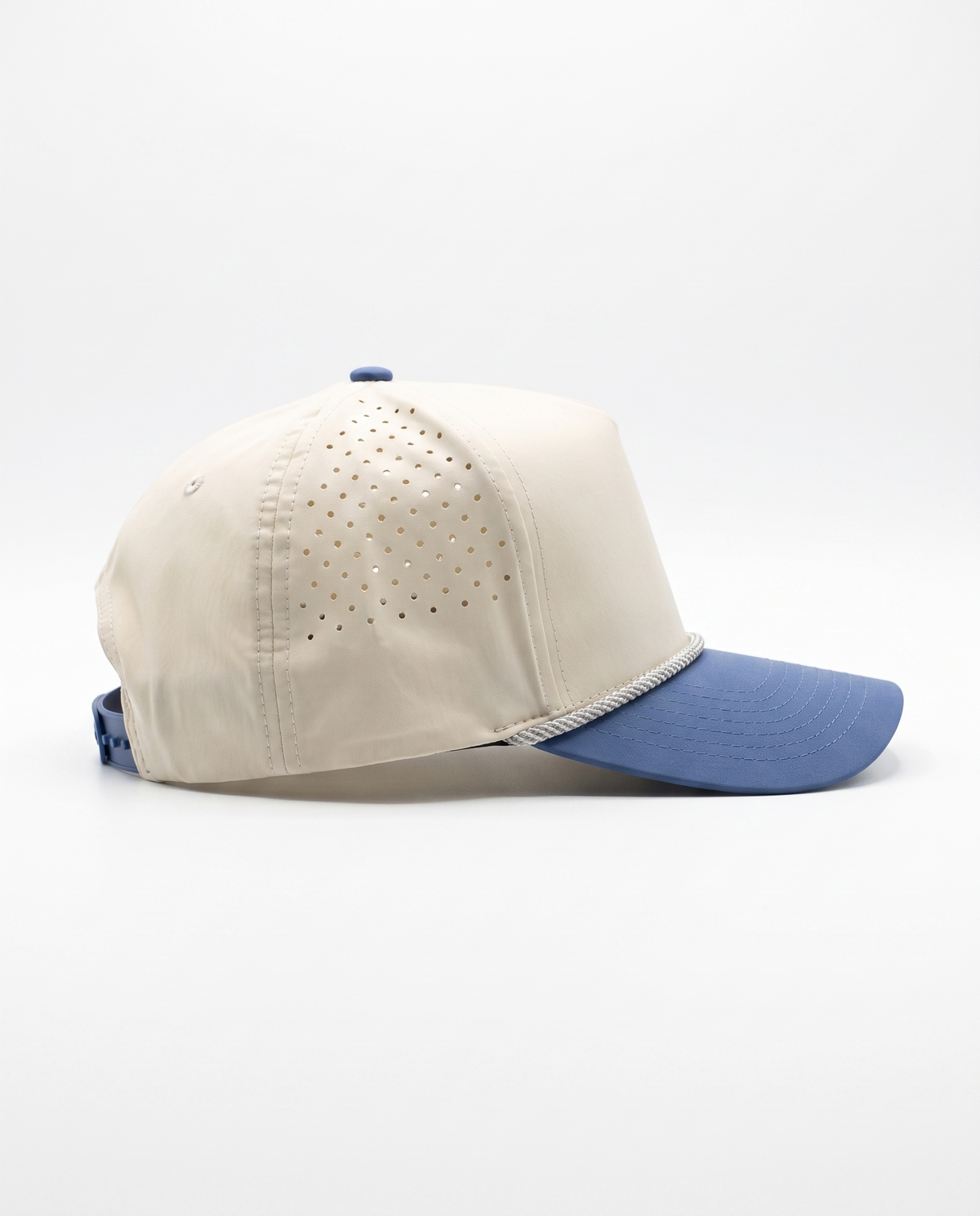 Cream with Blue Bill and Silver Rope athletic 5 panel rope cap, left view