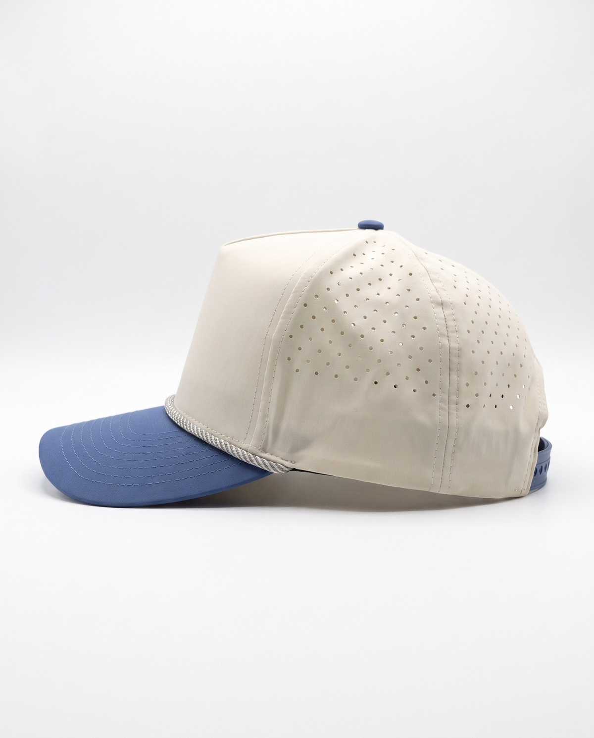 Cream with Blue Bill and Silver Rope athletic 5 panel rope cap, right view