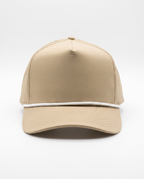Khaki with White Rope athletic 5 panel rope cap, front view