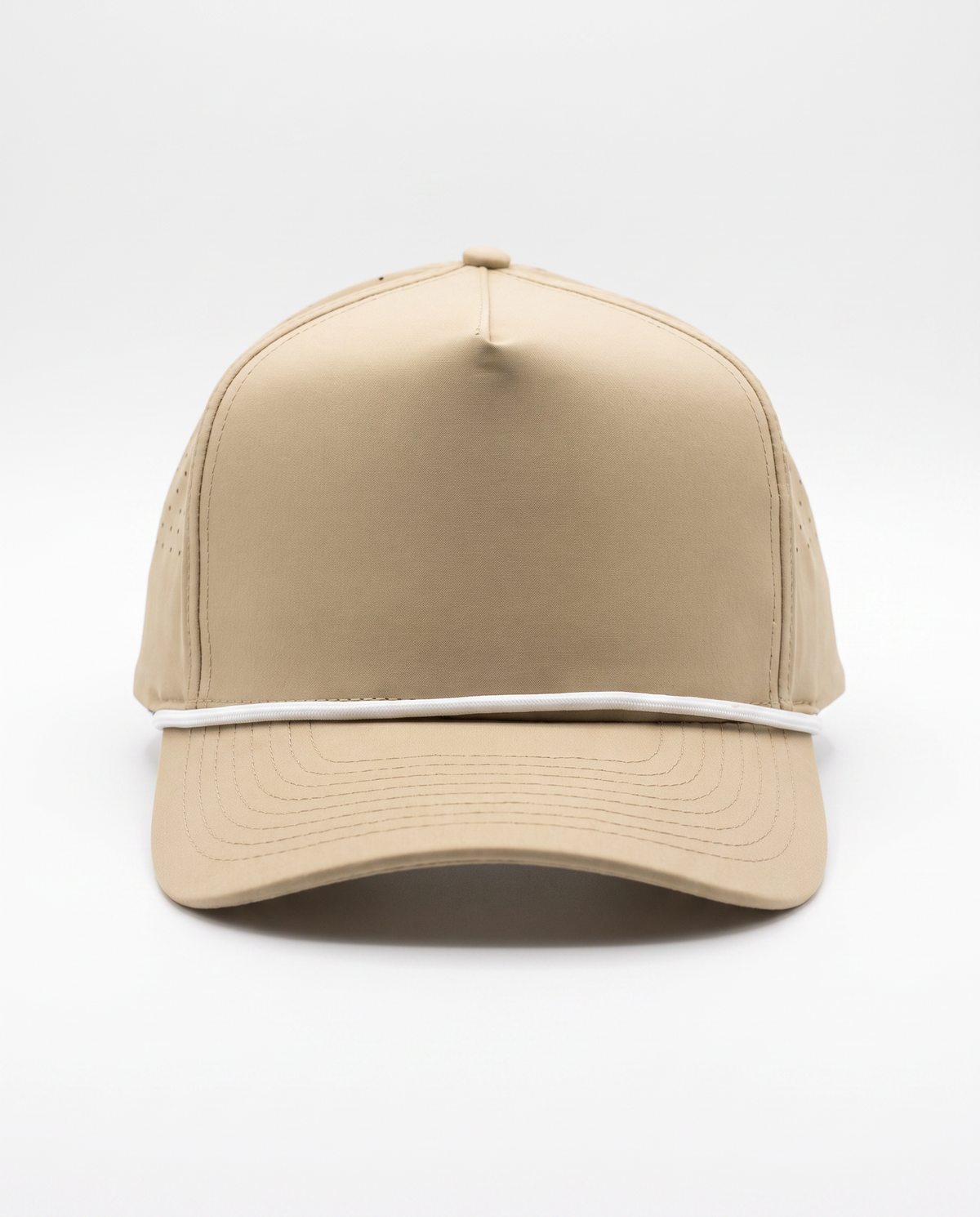 Khaki with White Rope athletic 5 panel rope cap, front view