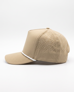 Khaki with White Rope athletic 5 panel rope cap, left view