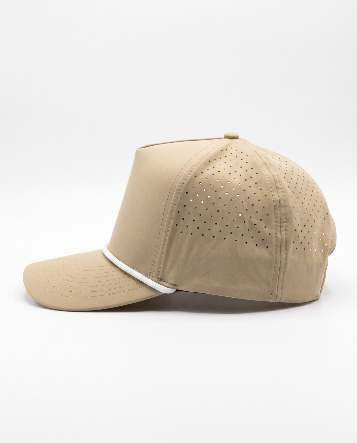 Khaki with White Rope athletic 5 panel rope cap, left view