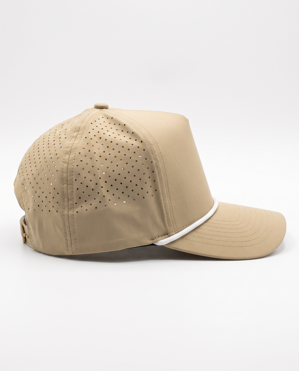 Khaki with White Rope athletic 5 panel rope cap, right view