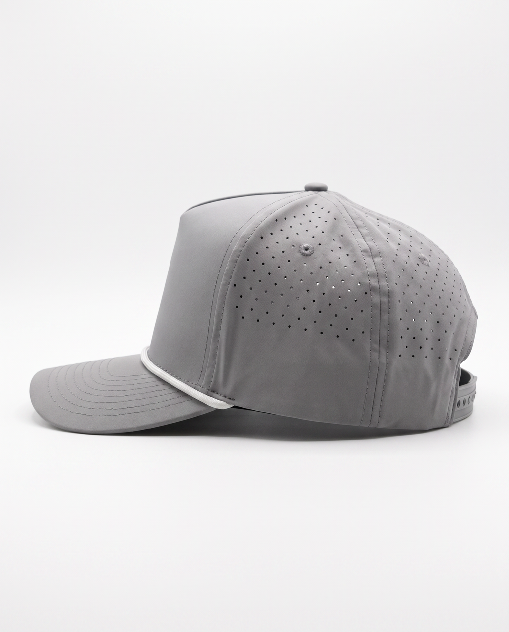 Light Grey with White Rope athletic 5 panel rope cap, left view