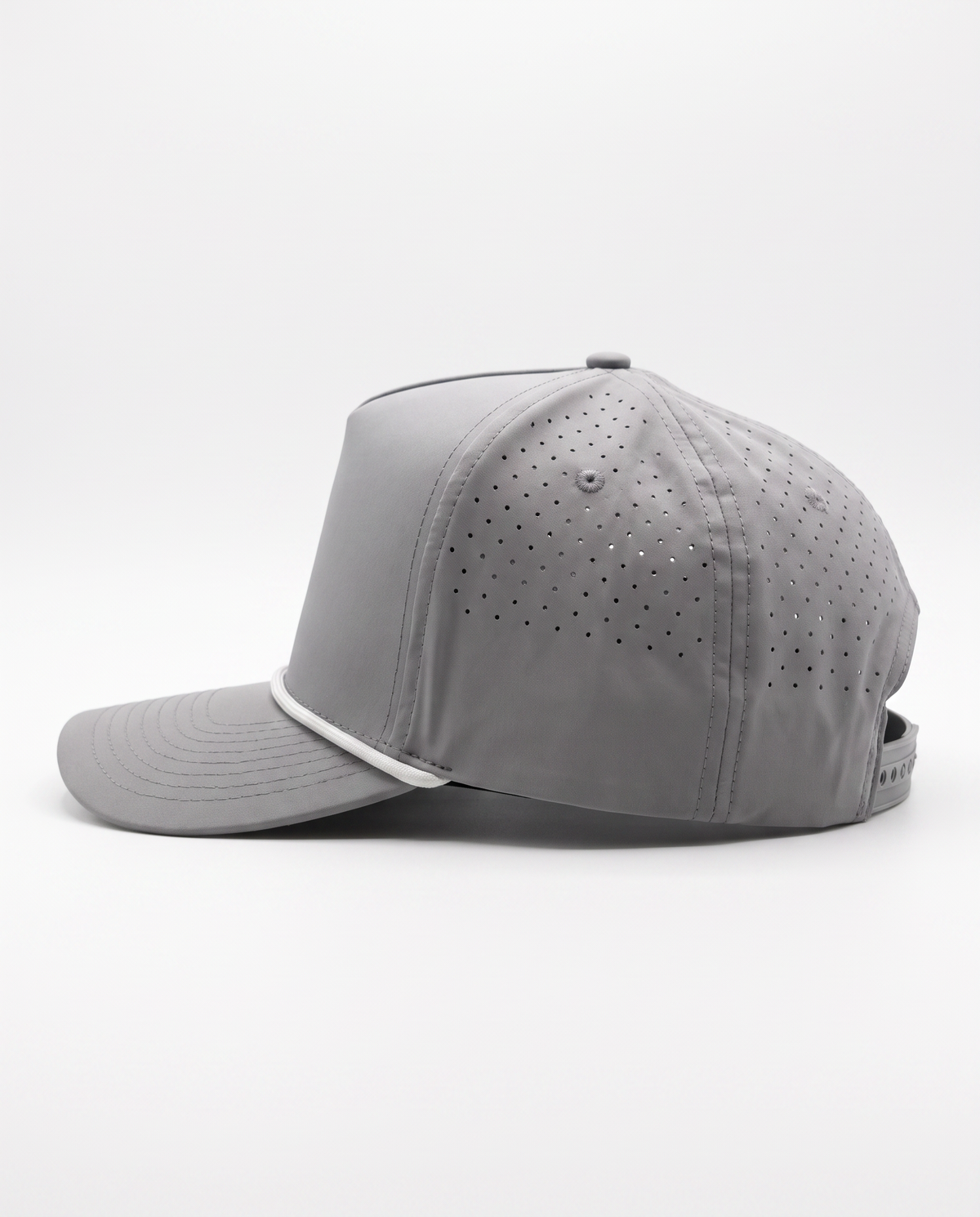 Light Grey with White Rope athletic 5 panel rope cap, left view
