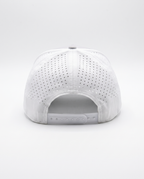 White with Gray Bill and White Rope athletic 5 panel rope cap, back view