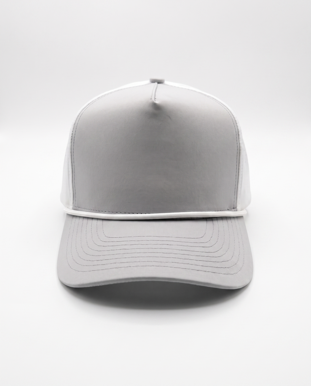 White with Gray Bill and White Rope athletic 5 panel rope cap, front view
