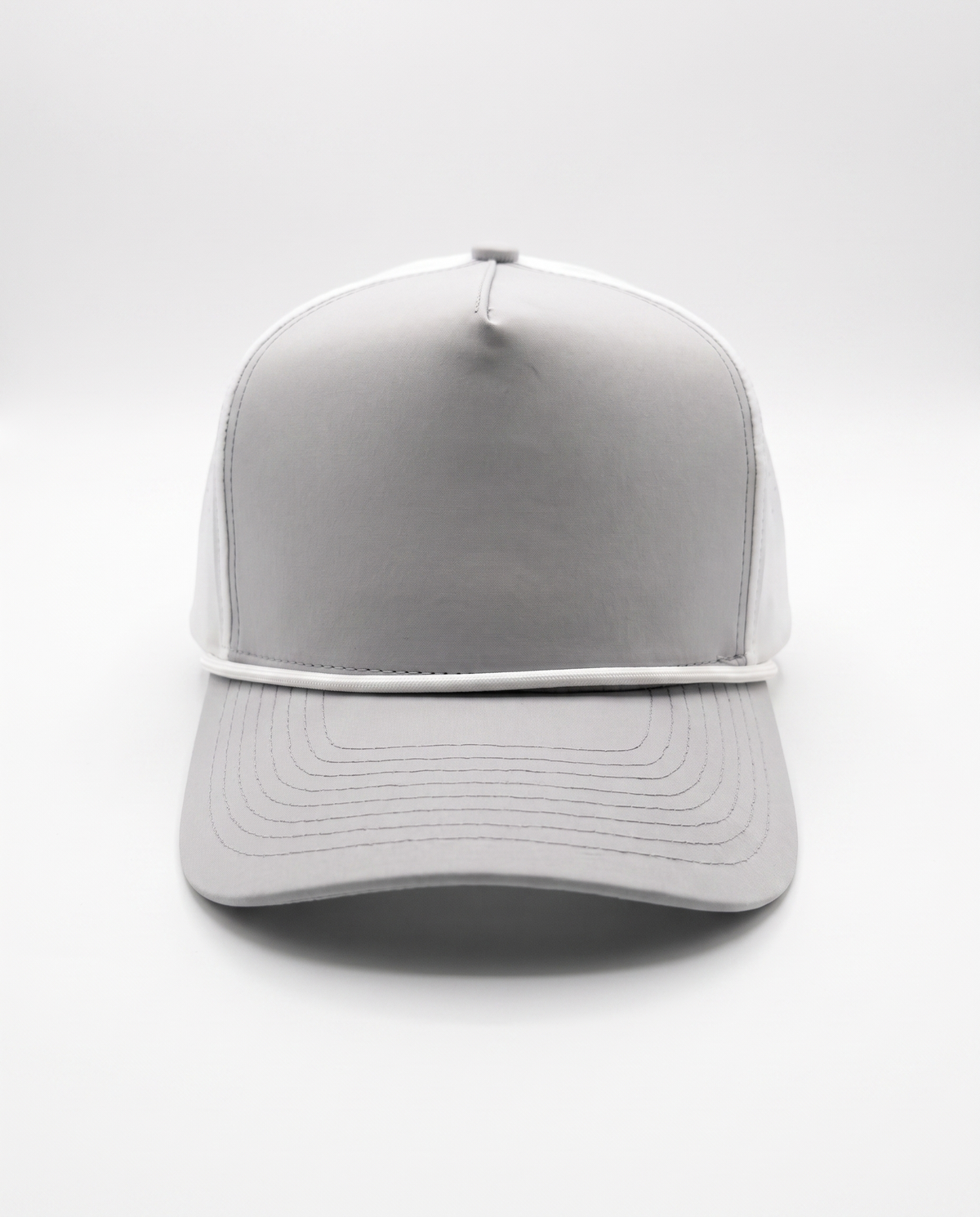 White with Gray Bill and White Rope athletic 5 panel rope cap, front view