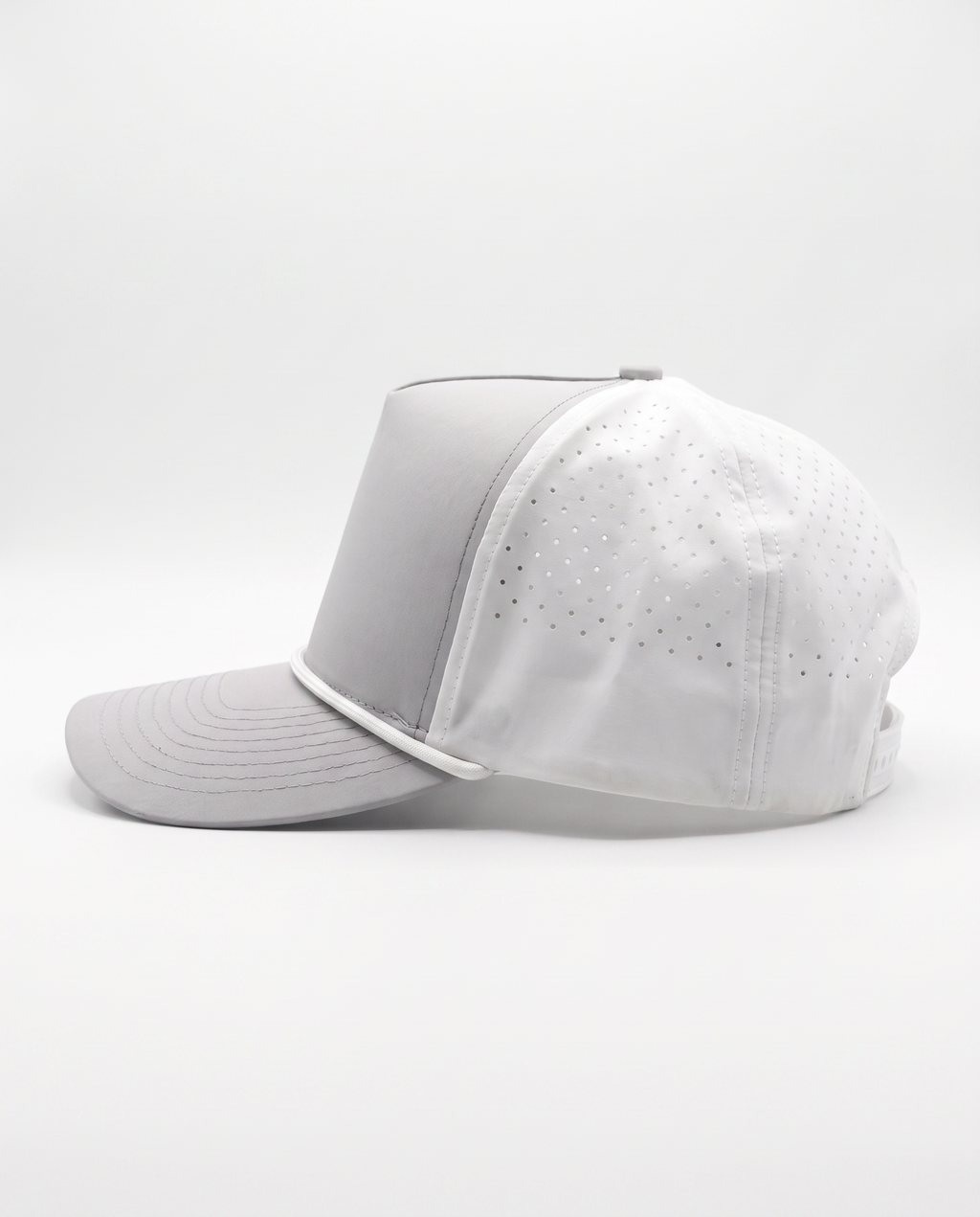 White with Gray Bill and White Rope athletic 5 panel rope cap, left view