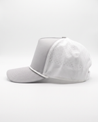 White with Gray Bill and White Rope athletic 5 panel rope cap, left view