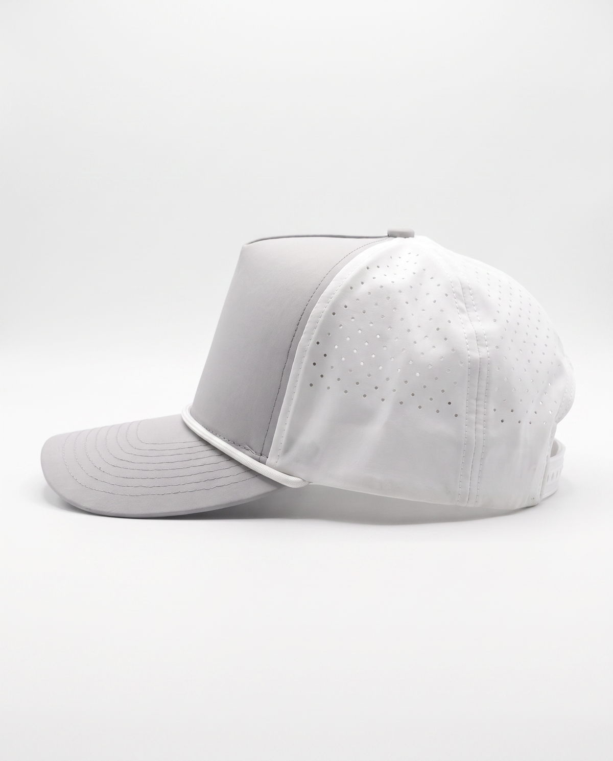 White with Gray Bill and White Rope athletic 5 panel rope cap, left view