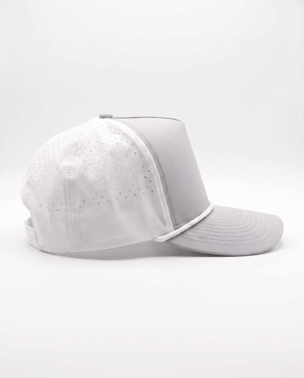 White with Gray Bill and White Rope athletic 5 panel rope cap, right view