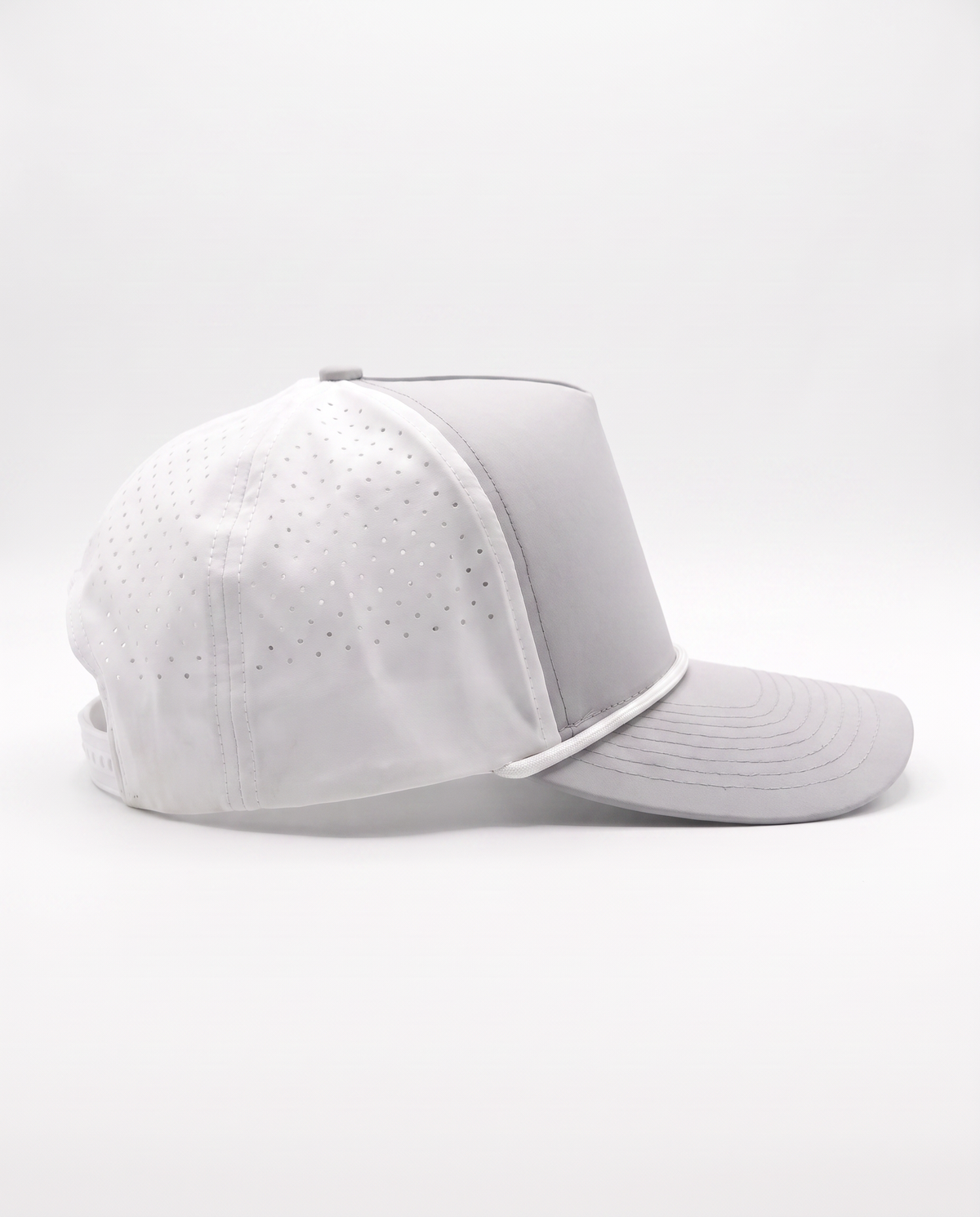 White with Gray Bill and White Rope athletic 5 panel rope cap, right view