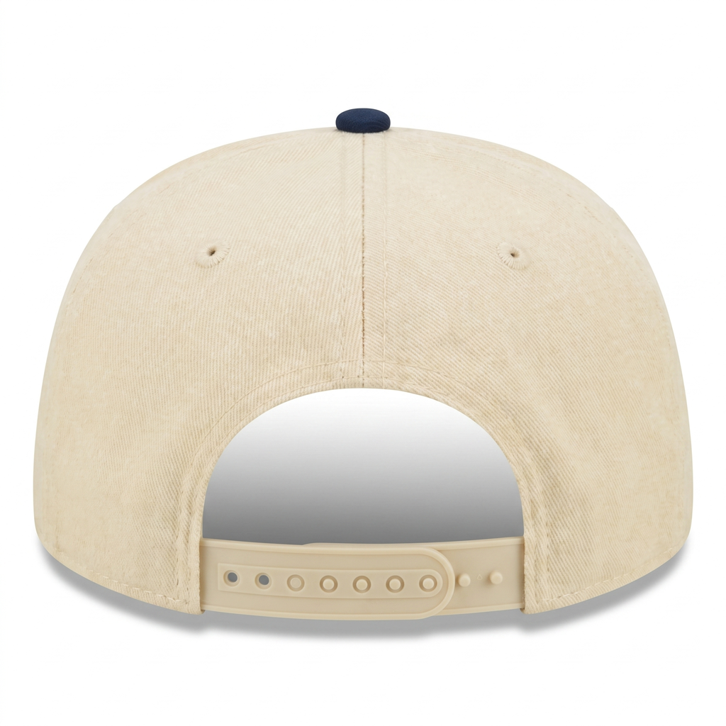 Cotton Canvas Hat specialty printed bill, Blue Toile, back view, khaki canvas crown with khaki snapback strap