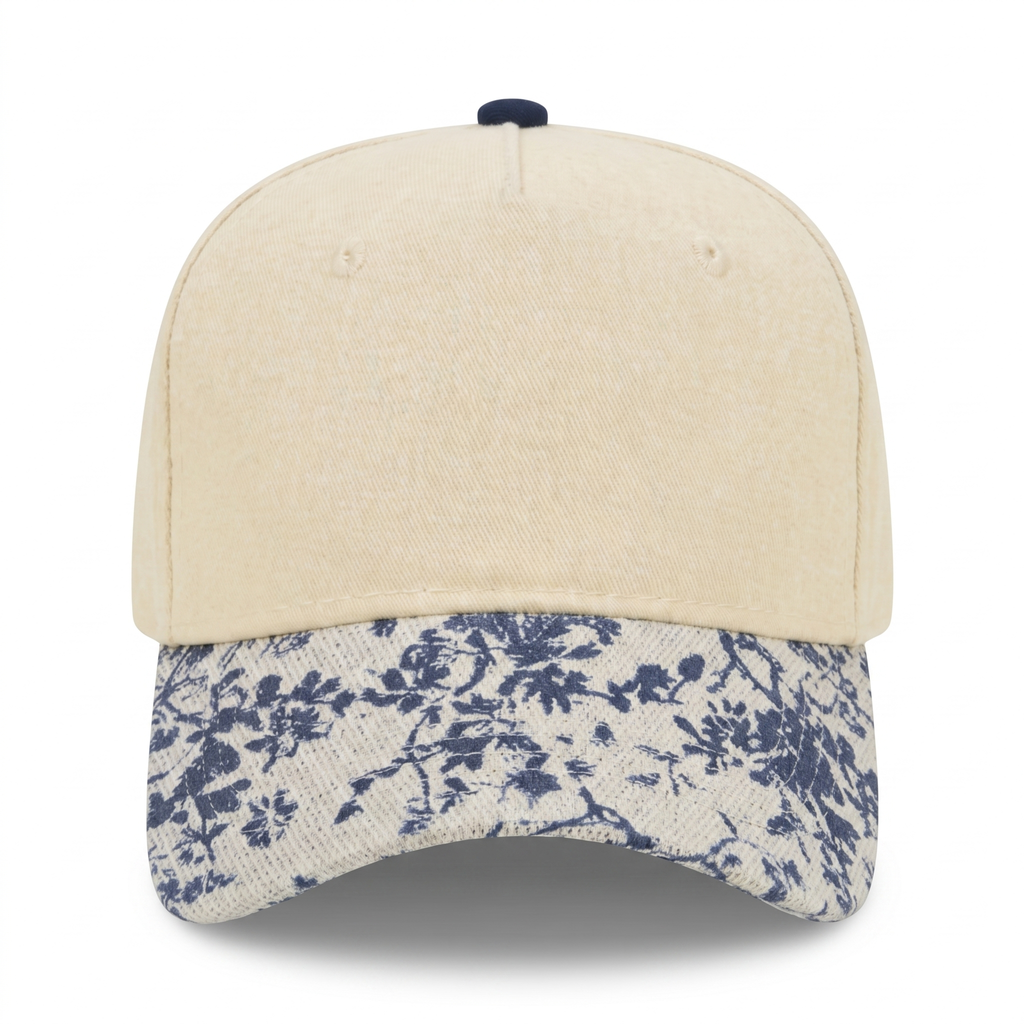 Cotton Canvas Hat specialty printed bill, Blue Toile, front view, khaki canvas crown with khaki snapback strap